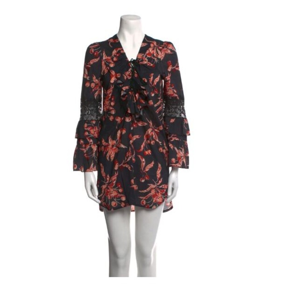 Peter Dundas Black Cherry V Neck Lace Up Tunic Dress Lace Insert Sleeves US 4-6